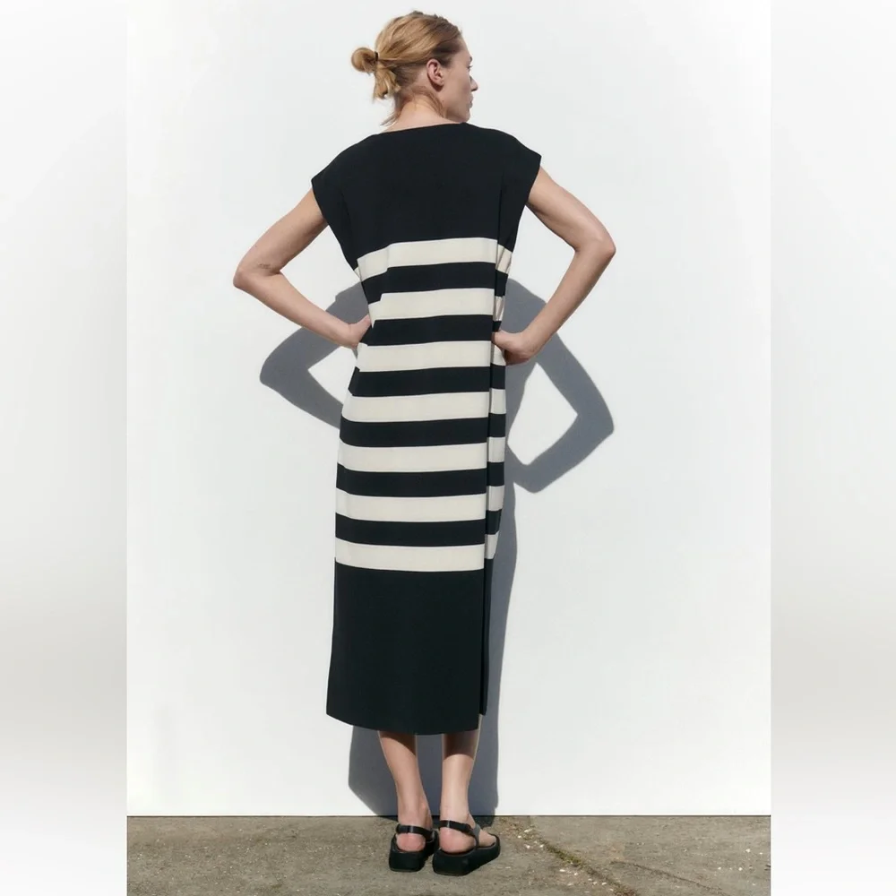 Zara STRIPED KNIT DRESS. Black/Ecru. Sizes S, M, L. New with Tags. - Picture 6 of 8
